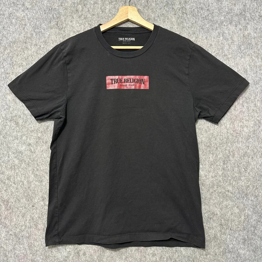 True Religion Mens Large Black Red Box Logo Graphic T-Shirt Short Sleeve Tee
